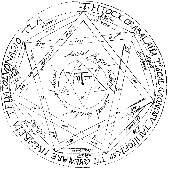 Sketch of the Great Pentacle, from the Key of Solomon, a seven pointed star inscribed in a circle, with glyphs and text