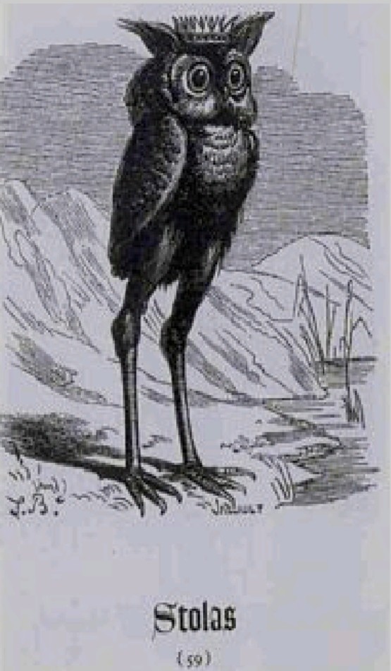 Pencil sketch of an owl wearing a crown with the legs of a wading bird. The name Stolas is at the bottom