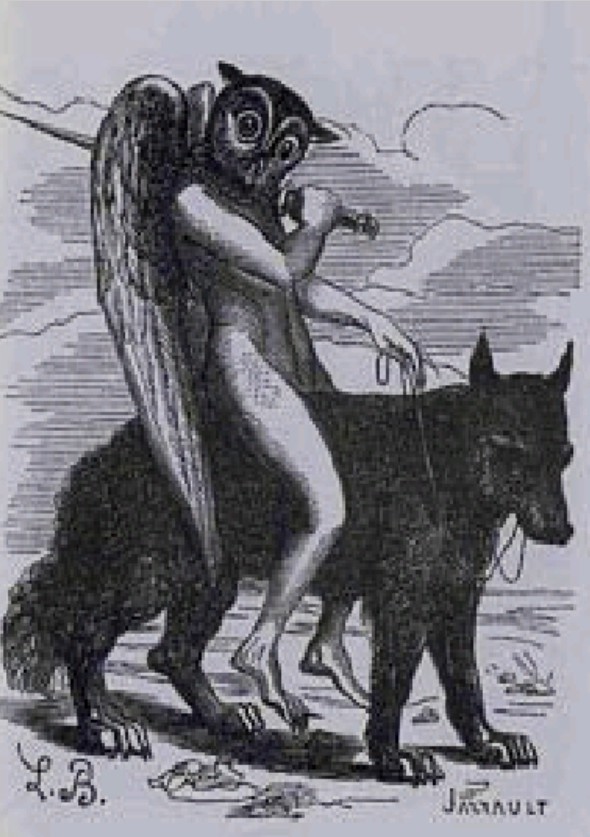 A sketch of a naked humanoid with wings and an owl head, raising a sword across with their right arm over their left shoulder, riding a large black wolf.