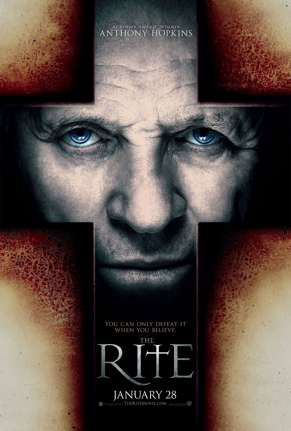 The Rite: Anthony Hopkins seen through a cross cut-out