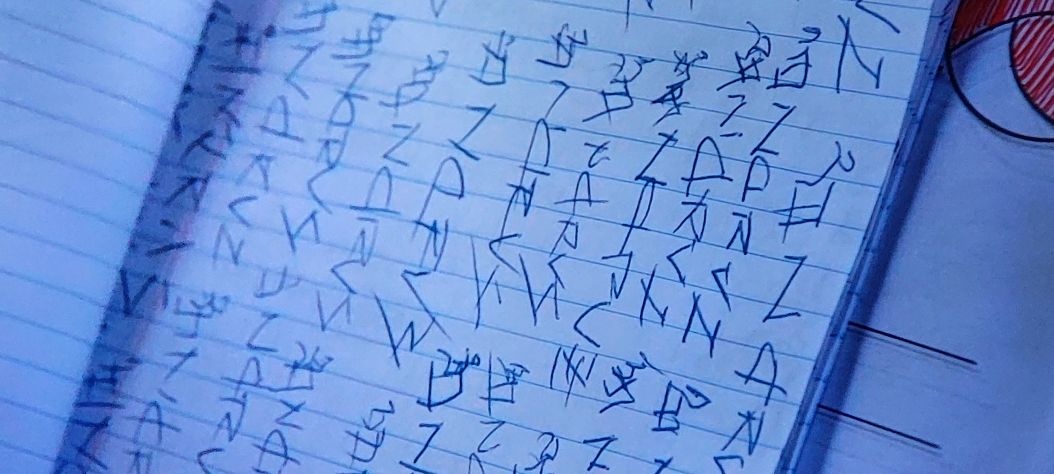 A grid of non-latin script in a lined notebook